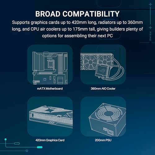 ASUS Prime AP202 ARGB Black mATX pc case with Fully Tempered Curved Glass  Supports Graphics Cards up to 420mm Long  360mm Long radiators  Easy Detach Rail  Patented Slot Vent  3 Built in ARGB Fans