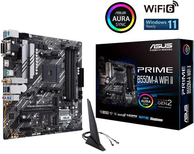 ASUS Prime B550M A WiFi II AMD AM4  3rd Gen Ryzen  Micro ATX Motherboard  PCIe 4 0  WiFi 6  ECC Memory  1Gb LAN  HDMI 2 1/D Sub  4K 60HZ  Addressable Gen 2 RGB Header and Aura Sync