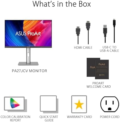 ASUS ProArt Display Monitor profesional 5K HDR de 27 pulgadas (PA27JCV) - 5K (5120 x 2880), IPS, 99% DCI-P3, 100% sRGB, ΔE < 2, USB-C PD 96W, verificado por Calman, precisión de color, LuxPixel, garantía de 3 años