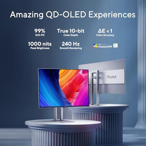 ASUS ProArt Display 32  4K HDR QD OLED Professional Monitor  PA32UCDM    UHD  Ultra Slim  240Hz  0 1ms  Auto Calibration  Dolby Vision  99  DCI P3   E<1  Thunderbolt 4  Calman Ready  3 yr Warranty