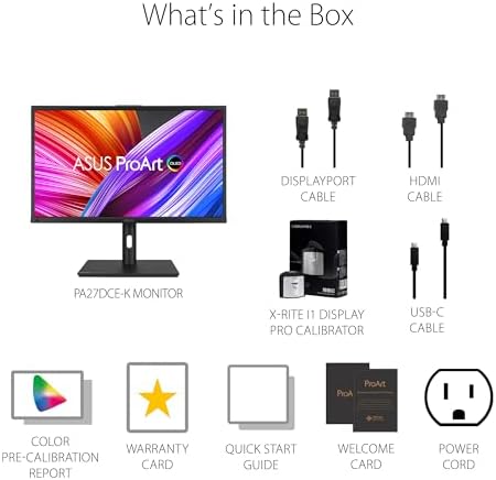 ASUS ProArt Display 27 4K HDR RGB OLED Professional Monitor  PA27DCE K    UHD  3840 x 2160   99  DCI P3  HLG   E < 1  USB C PD 80W  Hardware Calibration  Calman Ready  X rite i1 Display Pro Calibrator