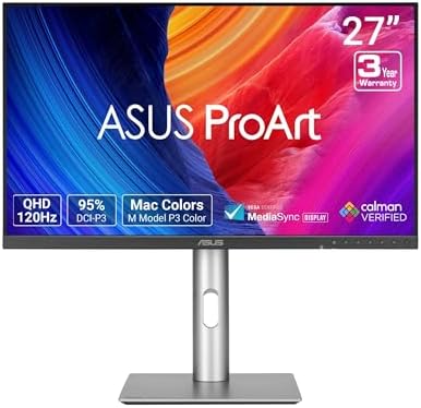 ASUS ProArt Display 27  1440P Professional Monitor  PA278QGV    IPS  QHD  2560 x 1440   95  DCI P3  Color Accurate   E<2  Calman Verified  120Hz  HDR 10  Light Sync  Ergonomic  3 yr Warranty