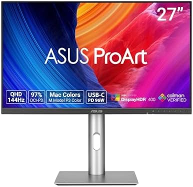 ASUS ProArt Display PA278CGRV Monitor   27  IPS  144Hz  QHD  2560 x 1440   97  DCI P3   E < 2  Calman Verified  USB C PD 96W  Light Sync  Ergonomic Stand  VESA DisplayHDR 400  3yr Warranty