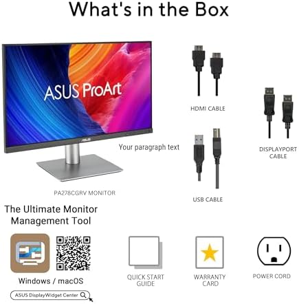 ASUS ProArt Display PA278CGRV Monitor   27  IPS  144Hz  QHD  2560 x 1440   97  DCI P3   E < 2  Calman Verified  USB C PD 96W  Light Sync  Ergonomic Stand  VESA DisplayHDR 400  3yr Warranty