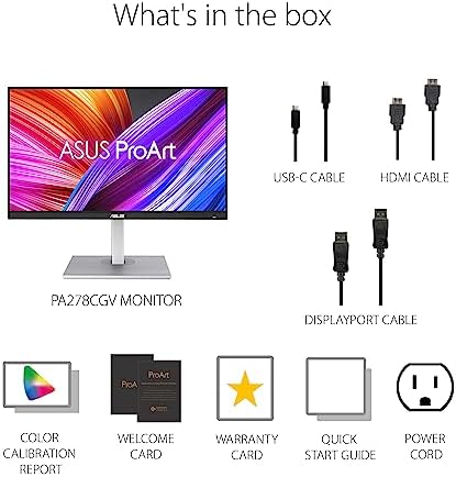 ASUS ProArt Display 27  1440P Professional Monitor  PA278CGV    IPS  QHD  2560 x 1440   144Hz  95  DCI P3   E < 2  Calman Verified  USB C PD 90W  FreeSync Premium  DisplayHDR 400  Height Adjustable