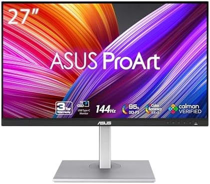 ASUS ProArt Display 27  1440P Professional Monitor  PA278CGV    IPS  QHD  2560 x 1440   144Hz  95  DCI P3   E < 2  Calman Verified  USB C PD 90W  FreeSync Premium  DisplayHDR 400  Height Adjustable