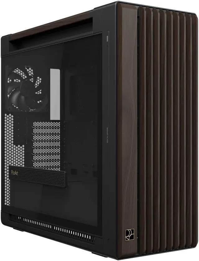 ASUS ProArt PA602 Wood Edition Modern Black E ATX Mid Tower Case with Tempered Glass  Supports 440mm GPUs  420mm Radiators  Includes One 140mm and Two 200mm Pre Installed Fans 