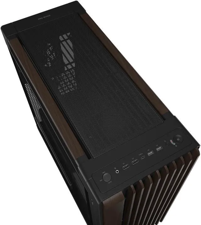 ASUS ProArt PA602 Wood Edition Modern Black E ATX Mid Tower Case with Tempered Glass  Supports 440mm GPUs  420mm Radiators  Includes One 140mm and Two 200mm Pre Installed Fans 