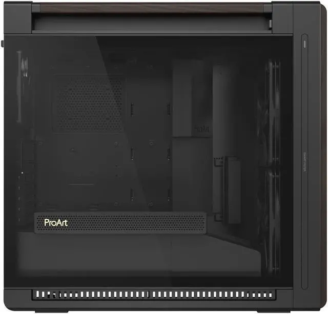 ASUS ProArt PA602 Wood Edition Modern Black E ATX Mid Tower Case with Tempered Glass  Supports 440mm GPUs  420mm Radiators  Includes One 140mm and Two 200mm Pre Installed Fans 