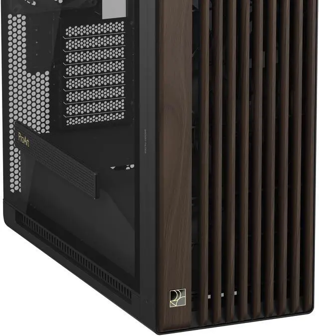 ASUS ProArt PA602 Wood Edition Modern Black E ATX Mid Tower Case with Tempered Glass  Supports 440mm GPUs  420mm Radiators  Includes One 140mm and Two 200mm Pre Installed Fans 