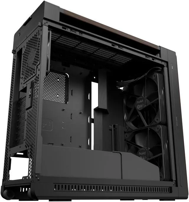ASUS ProArt PA602 Wood Edition Modern Black E ATX Mid Tower Case with Tempered Glass  Supports 440mm GPUs  420mm Radiators  Includes One 140mm and Two 200mm Pre Installed Fans 