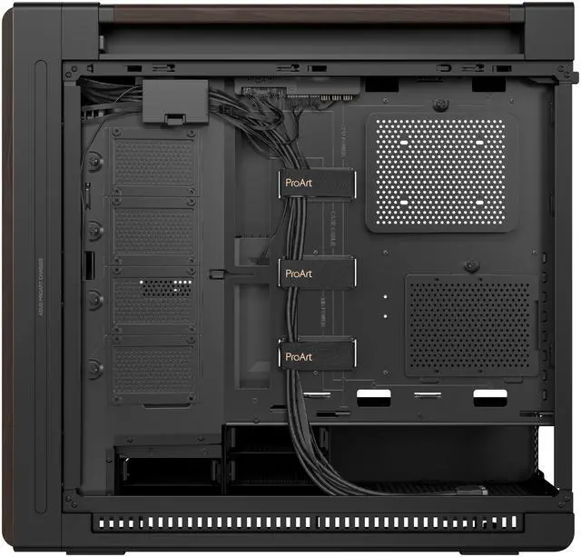 ASUS ProArt PA602 Wood Edition Modern Black E ATX Mid Tower Case with Tempered Glass  Supports 440mm GPUs  420mm Radiators  Includes One 140mm and Two 200mm Pre Installed Fans 