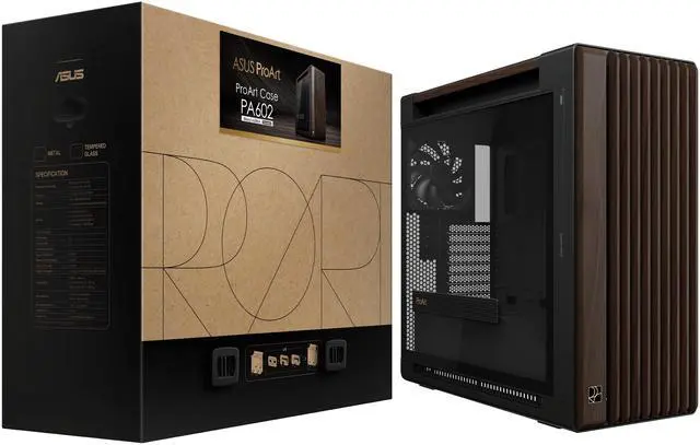 ASUS ProArt PA602 Wood Edition Modern Black E ATX Mid Tower Case with Tempered Glass  Supports 440mm GPUs  420mm Radiators  Includes One 140mm and Two 200mm Pre Installed Fans 