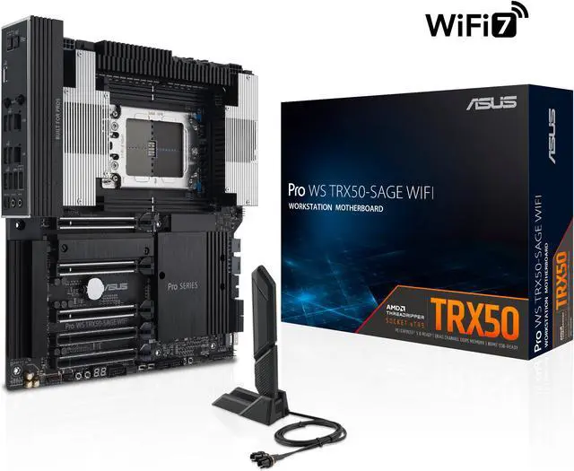 ASUS Pro WS TRX50 SAGE WIFI CEB Workstation motherboard  AMD Ryzen  Threadripper  PRO 7000 WX Series Processors ECC R DIMM DDR5  36 power stage  WiFi 7 PCIe 5 0 x 16  PCIe 5 0 M 2  10 Gb and 2 5 Gb LAN  multi GPU support