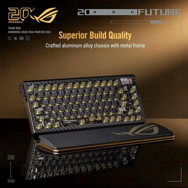 ASUS ROG 20th Edition Azoth Extreme   Wireless Mechanical Gaming Keyboard   75  TKL  ROG NX Snow V2 Linear Switch  Aluminum Chassis  Carbon Fiber  Color OLED Screen  PBT Keycaps  Gold/Black
