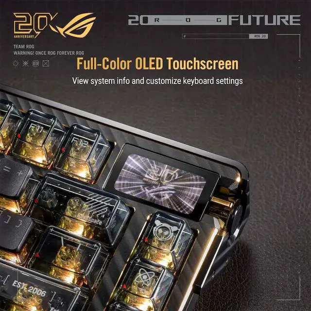 ASUS ROG 20th Edition Azoth Extreme   Wireless Mechanical Gaming Keyboard   75  TKL  ROG NX Snow V2 Linear Switch  Aluminum Chassis  Carbon Fiber  Color OLED Screen  PBT Keycaps  Gold/Black