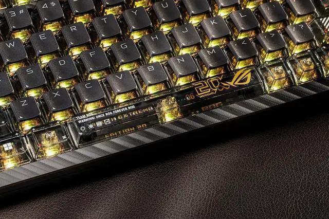 ASUS ROG 20th Edition Azoth Extreme   Wireless Mechanical Gaming Keyboard   75  TKL  ROG NX Snow V2 Linear Switch  Aluminum Chassis  Carbon Fiber  Color OLED Screen  PBT Keycaps  Gold/Black