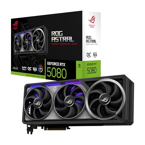 ASUS Tarjeta gráfica para juegos ROG Astral GeForce RTX™ 5080 OC Edition (PCIe® 5.0, 16 GB GDDR7, HDMI®/DP 2.1, 3.8 ranuras, diseño de 4 ventiladores, ventiladores de tecnología axial, cámara de vapor
