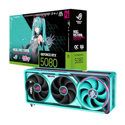 ASUS ROG Astral GeForce RTX 5080 16GB GDDR7 OC Hatsune Miku Edition  PCIe 5 0  16GB GDDR7  HDMI /DP 2 1  3 8 Slot  4 Fan Design  Axial tech Fans  Patented Vapor Chamber  Phase Change GPU Thermal pad 