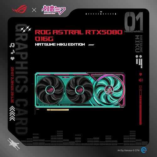 ASUS ROG Astral GeForce RTX 5080 16GB GDDR7 OC Hatsune Miku Edition  PCIe 5 0  16GB GDDR7  HDMI /DP 2 1  3 8 Slot  4 Fan Design  Axial tech Fans  Patented Vapor Chamber  Phase Change GPU Thermal pad 