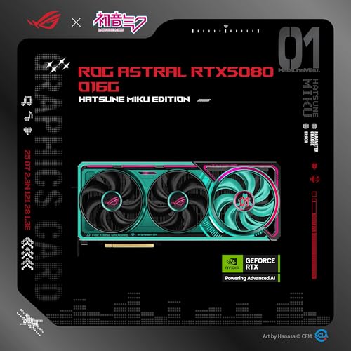 ASUS ROG Astral GeForce RTX 5080 16GB GDDR7 OC Hatsune Miku Edition  PCIe 5 0  16GB GDDR7  HDMI /DP 2 1  3 8 Slot  4 Fan Design  Axial tech Fans  Patented Vapor Chamber  Phase Change GPU Thermal pad 