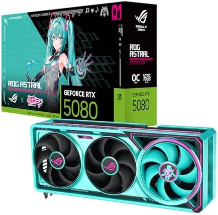 ASUS ROG Astral GeForce RTX 5080 16GB GDDR7 OC Hatsune Miku Edition  PCIe 5 0  16GB GDDR7  HDMI /DP 2 1  3 8 Slot  4 Fan Design  Axial tech Fans  Patented Vapor Chamber  Phase Change GPU Thermal pad 