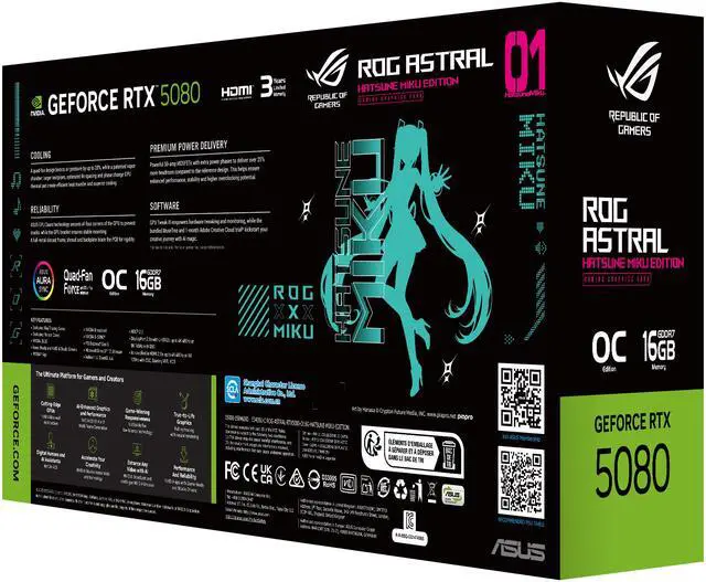 ASUS ROG Astral GeForce RTX 5080 16GB GDDR7 OC HATSUNE MIKU EDITION PCI Express 5 0 x16 Graphics Card ROG ASTRAL RTX5080 O16G MIKU W