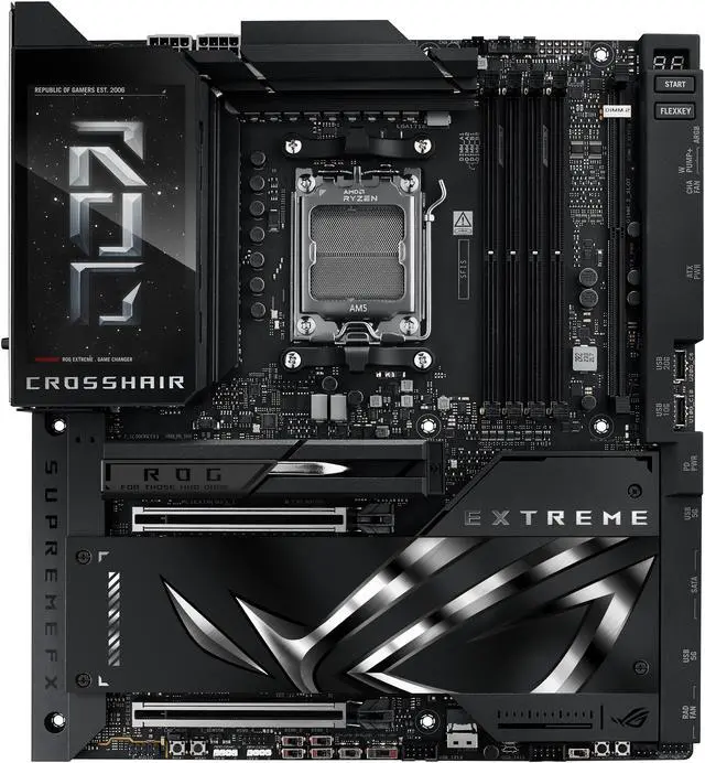 Placa base para juegos ASUS ROG CROSSHAIR X870E EXTREME AMD X870E AM5 E-ATX: 20+2+2 etapas de potencia, DDR5, PCIe 5.0, 5 puertos M.2, LAN 5G y 10G, Wi-Fi 7, USB 4.0 tipo C, LCD de 5", overclocking y conectividad con IA