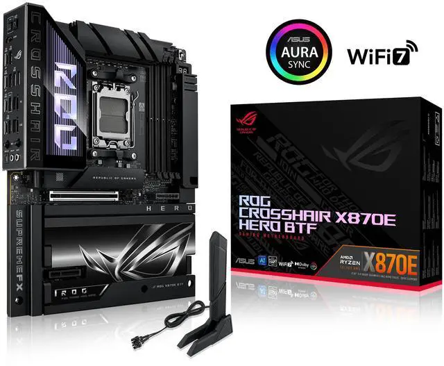 ASUS ROG CROSSHAIR X870E HERO BTF AMD X870E ATX Board with Hidden connector Design and High power GPU Slot for Clean Cable Management  18 2 2 Power  DDR5  WiFi 7  5x M 2  PCIe 5 0  USB4  Advanced AI PC ready