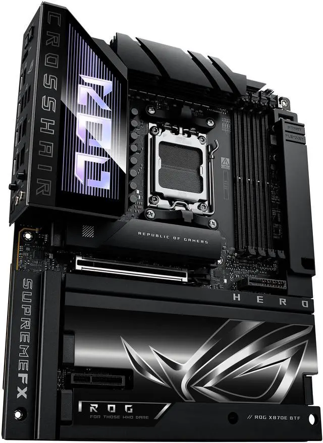 ASUS ROG CROSSHAIR X870E HERO BTF AMD X870E ATX Board with Hidden connector Design and High power GPU Slot for Clean Cable Management  18 2 2 Power  DDR5  WiFi 7  5x M 2  PCIe 5 0  USB4  Advanced AI PC ready