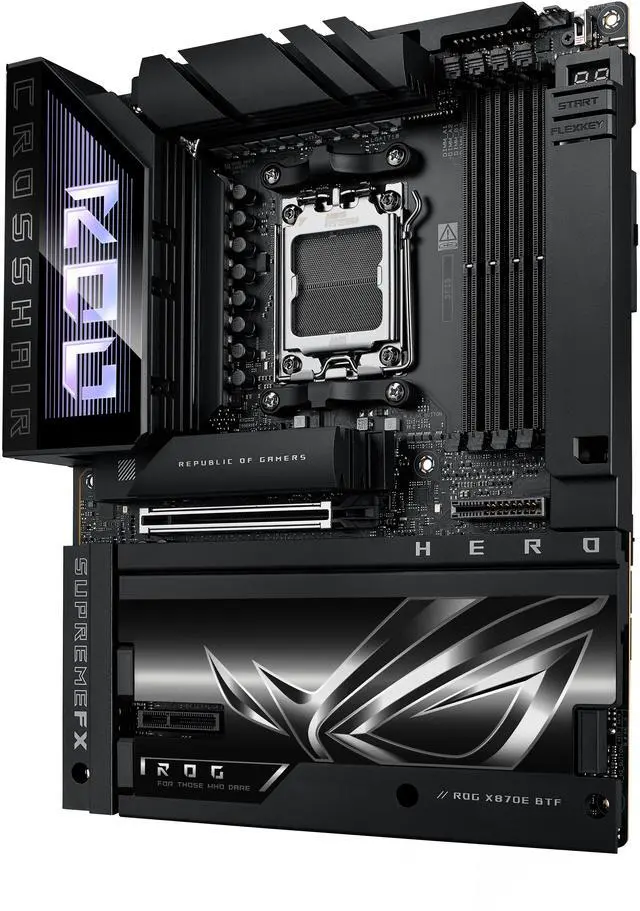 ASUS ROG CROSSHAIR X870E HERO BTF AMD X870E ATX Board with Hidden connector Design and High power GPU Slot for Clean Cable Management  18 2 2 Power  DDR5  WiFi 7  5x M 2  PCIe 5 0  USB4  Advanced AI PC ready