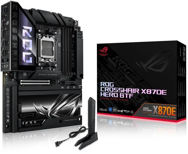 ASUS ROG CROSSHAIR X870E HERO BTF AMD X870E ATX Board with Hidden connector Design and High power GPU Slot for Clean Cable Management  18 2 2 Power  DDR5  WiFi 7  5x M 2  PCIe 5 0  USB4  Advanced AI PC ready