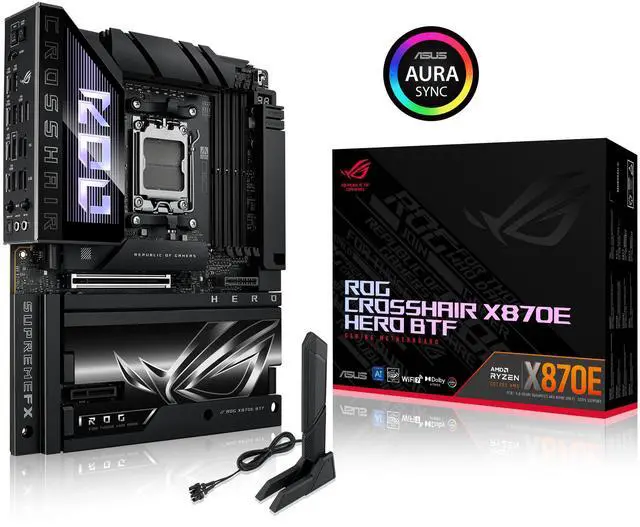 ASUS ROG CROSSHAIR X870E HERO BTF AMD X870E ATX Board with Hidden connector Design and High power GPU Slot for Clean Cable Management  18 2 2 Power  DDR5  WiFi 7  5x M 2  PCIe 5 0  USB4  Advanced AI PC ready