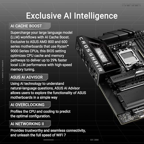 ASUS ROG Crosshair X870E Dark Hero ATX Motherboard  20 2 2 Power Stages  DDR5 Slots  PCIe  5 0  Five M 2 Slots  3D VC M 2 heatsink  USB4   AI Cache Boost  PCIe Slot Q Release  AIO Q Connector