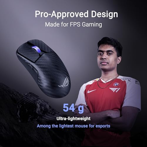 ASUS ROG Harpe Ace Extreme - Ratón inalámbrico para juegos de esports – Construcción de fibra de carbono, 1.66 oz ligero, conectividad de tres modos, 42K DPI, batería de hasta 70 horas, patines de