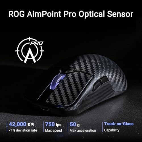 ASUS ROG Harpe Ace Extreme - Ratón inalámbrico para juegos de esports – Construcción de fibra de carbono, 1.66 oz ligero, conectividad de tres modos, 42K DPI, batería de hasta 70 horas, patines de