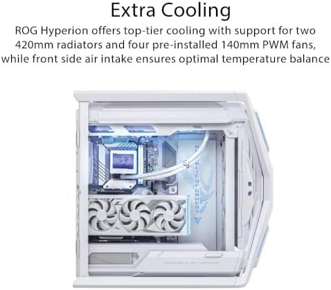 ASUS ROG Hyperion GR701 White EATX Gaming Case  High Airflow Design  Tool Free Side Panels  Pre Installed 4x140mm Fans  Supports 420mm Radiators  Built in GPU Holder  Front USB C  2 Year Warranty