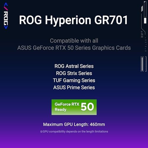 ASUS ROG Hyperion GR701 EATX Gaming Case  High Airflow Design  Tool Free Side Panels  Pre Installed 4x140mm Fans  Supports 420mm Radiators  Built in GPU Holder  Front USB Type C  2 Year Warranty