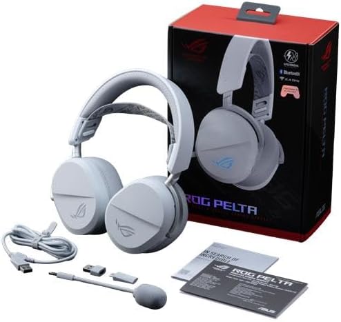 ASUS ROG Pelta Wireless Gaming Headset with Detachable Mic   Tri Mode  BT  2 4GHz  USB C  50mm Titanium Plated Drivers  70Hr Battery  Ergonomic  Lightweight  for PC  PS5  PS4  Switch  Mobile   White