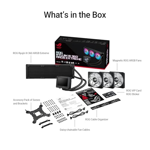 ASUS ROG RYUJIN III 360 ARGB EXTREME all in one AIO CPU liquid cooler  AMD Ryzen 9000 & Intel  Core  Ultra Ready  Asetek Gen8 V2 pump; high airflow static pressure magnetic fans; customizable 3 5 LCD