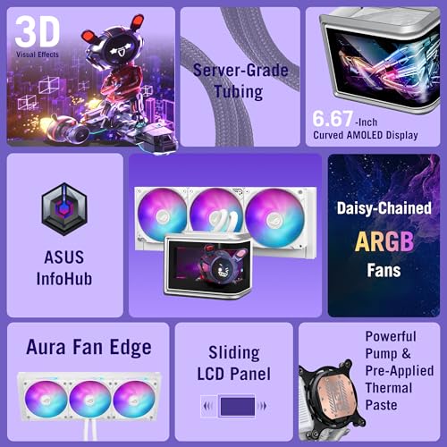 ASUS ROG RYUO IV SLC 360 ARGB White Edition All in one CPU Liquid Cooler  Shortened tubing for Clean Aesthetic  Movable Curved 6 67 inch Display  6 Year Warranty