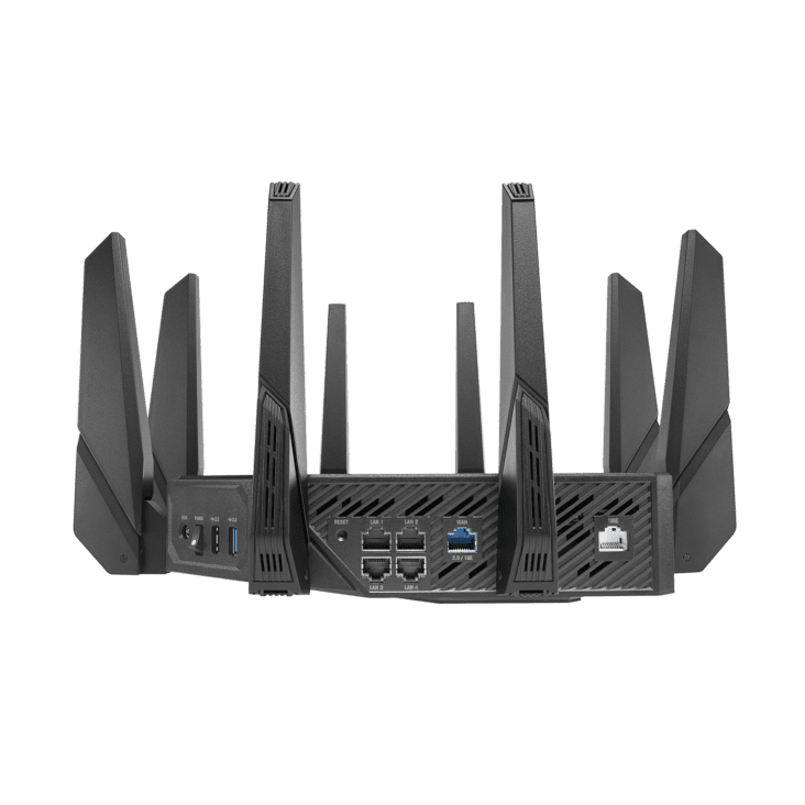 ASUS ROG Rapture GT AX11000 Pro Tri Band WiFi 6 gaming router  10G port  Quad core 2 0 GHz CPU  ASUS RangeBoost Plus  UNII4  Triple level game acceleration  Lifetime internet security  AiMesh support