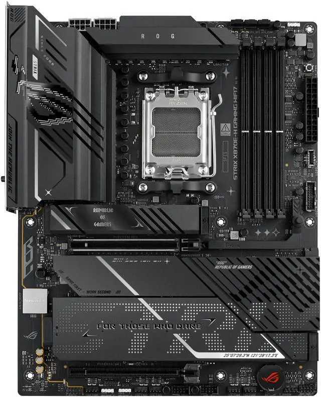 ASUS ROG STRIX X870E H GAMING WIFI7 AMD X870E H ATX motherboard with 16 2 1 power stages  Dynamic OC Switcher  Core Flex  DDR5 AEMP  WiFi 7  4x M 2  PCIe 5 0  Q Release  dual USB4 ports and USB 10Gbps Type C