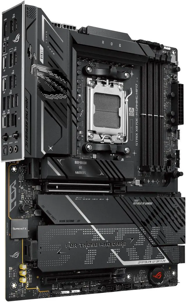 ASUS ROG STRIX X870E H GAMING WIFI7 AMD X870E H ATX motherboard with 16 2 1 power stages  Dynamic OC Switcher  Core Flex  DDR5 AEMP  WiFi 7  4x M 2  PCIe 5 0  Q Release  dual USB4 ports and USB 10Gbps Type C