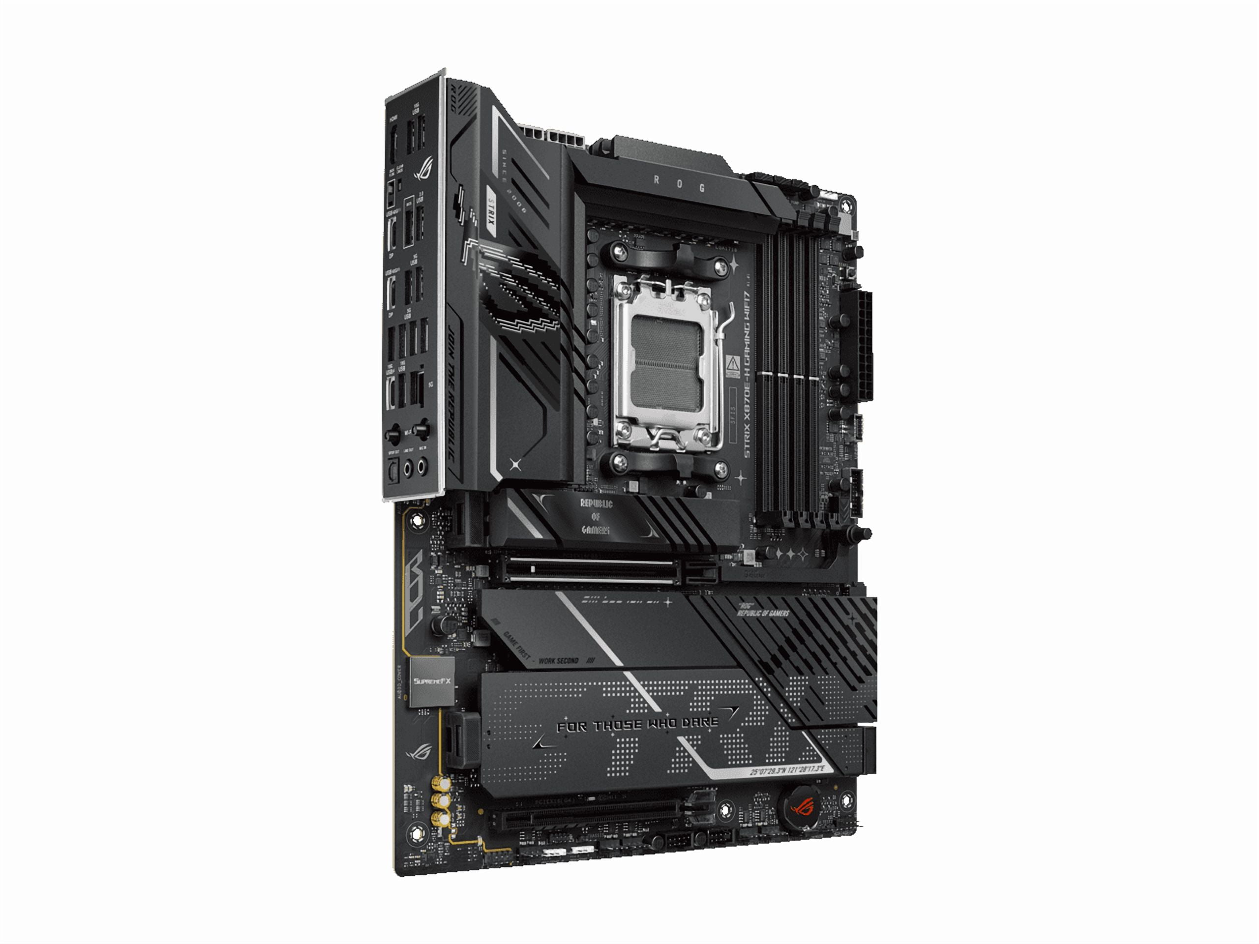 ASUS ROG STRIX X870E H GAMING WIFI7 AMD X870E H ATX motherboard with 16 2 1 power stages  Dynamic OC Switcher  Core Flex  DDR5 AEMP  WiFi 7  4x M 2  PCIe 5 0  Q Release  dual USB4 ports and USB 10Gbps