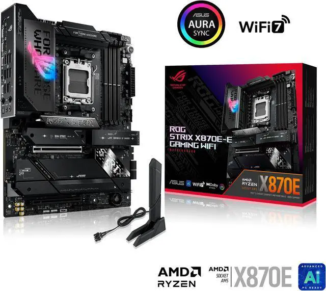 ASUS ROG STRIX X870E E GAMING WIFI AMD AM5 X870 ATX motherboard 18 2 2 power stages  Dynamic OC Switcher  Core Flex  DDR5 AEMP  WiFi 7  5x M 2  PCIe 5 0  Q Release Slim  USB4  AI OCing & Networking
