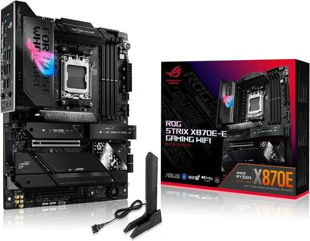 ASUS ROG STRIX X870E E GAMING WIFI AMD AM5 X870 ATX motherboard 18 2 2 power stages  Dynamic OC Switcher  Core Flex  DDR5 AEMP  WiFi 7  5x M 2  PCIe 5 0  Q Release Slim  USB4  AI OCing & Networking
