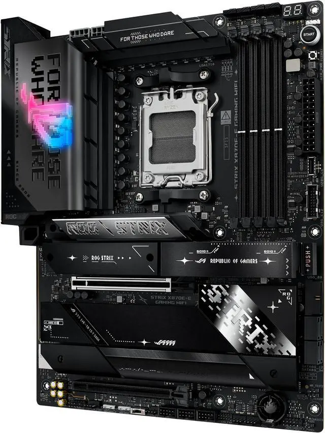 ASUS ROG STRIX X870E E GAMING WIFI AMD AM5 X870 ATX motherboard 18 2 2 power stages  Dynamic OC Switcher  Core Flex  DDR5 AEMP  WiFi 7  5x M 2  PCIe 5 0  Q Release Slim  USB4  AI OCing & Networking