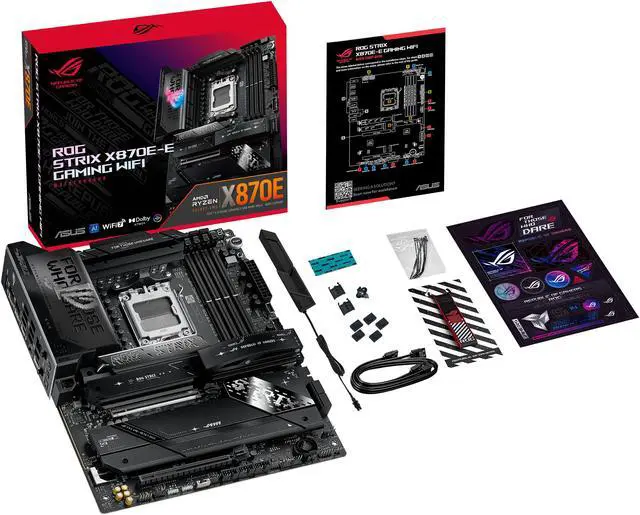 ASUS ROG STRIX X870E E GAMING WIFI AMD AM5 X870 ATX motherboard 18 2 2 power stages  Dynamic OC Switcher  Core Flex  DDR5 AEMP  WiFi 7  5x M 2  PCIe 5 0  Q Release Slim  USB4  AI OCing & Networking