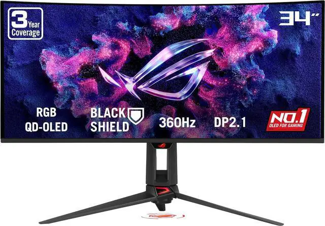ASUS ROG SWIFT 34 inch QHD 2K 1440P 360Hz AMD FreeSync Premium Pro & G SYNC Compatible 0 03ms HDR500 AUTO KVM TANDEM ROG BLACK SHIELD USB C OLED Curved Gaming Computer Monitor with  Height Adjustable  Swivel & Tilt Stand PG34WCDN